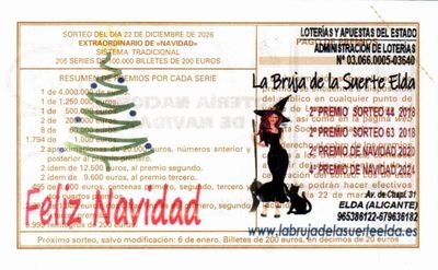 Reverso del d&eacute;cimo 47135 con el sello de la Administraci&oacute;n n&ordm; 5 &laquo;La Bruja de la Suerte&raquo;, en Elda